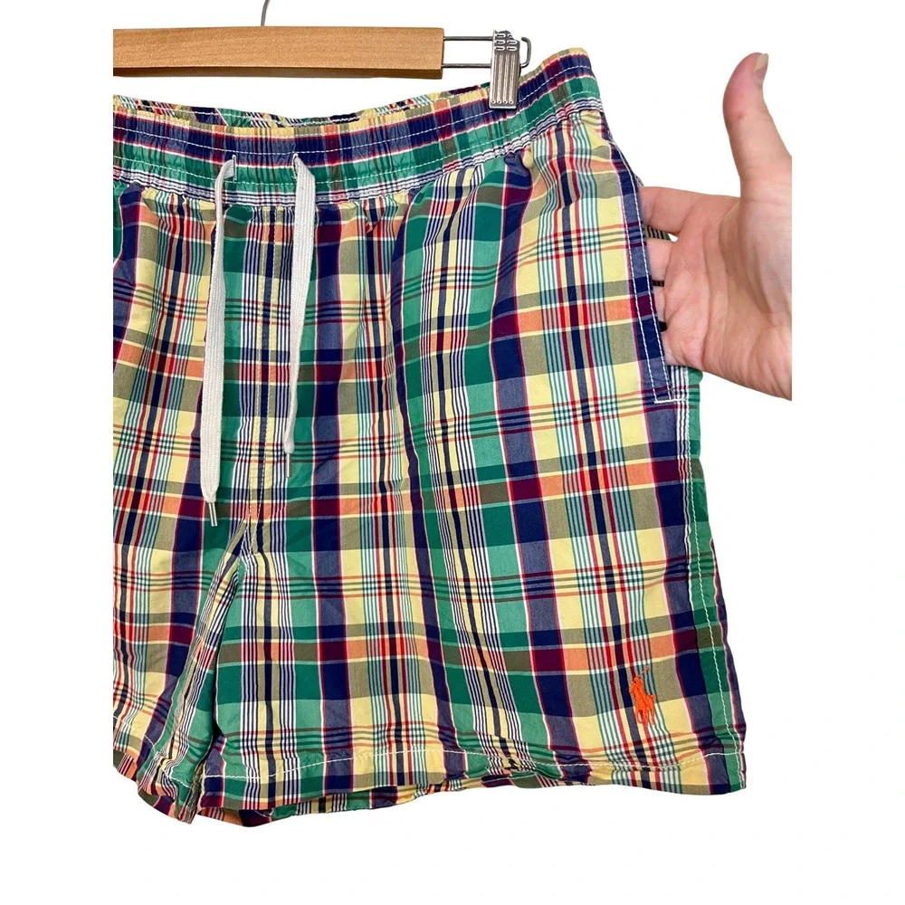 Vintage POLO Ralph Lauren Plaid Swim Shorts Men L Board Trunks Preppy Summer Ivy